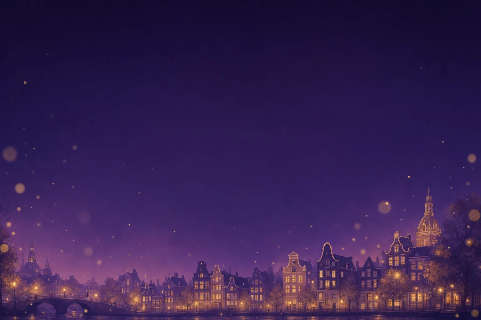Illustration: Leiden canal houses glowing at night under a purple sky