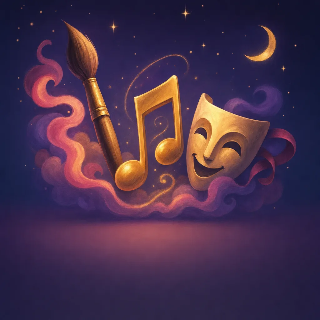 Illustration of a paintbrush, musical note, and theater mask